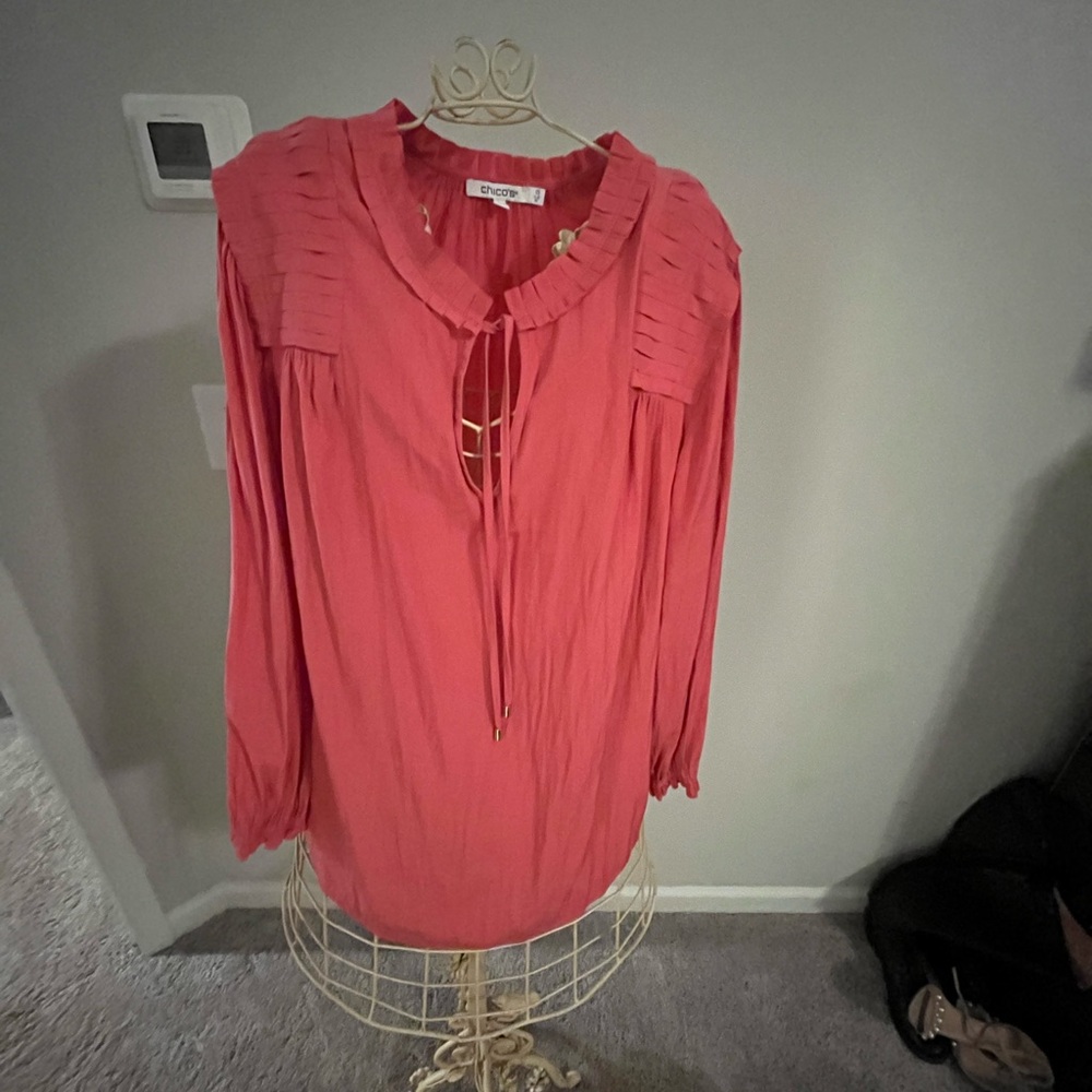 Chico's Pink Tie Front Pleated Blouse with Bib Collar